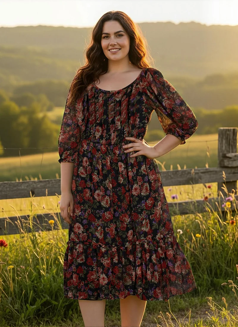 جلو باص فستان ميدي نسائي أسود بياقة مربعة وأكمام راجلان وطبعات زهور وخصر مزموم وطبقات مقاس كبير بقصة واسعة